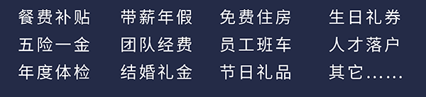 ag尊龙登陆入口z6mg员工福利：餐费补贴、五险一金、年度体检、带薪年假、团队经费、结婚礼金、免费住房、员工班车、节日礼品、生日礼券、人才落户、其它……
